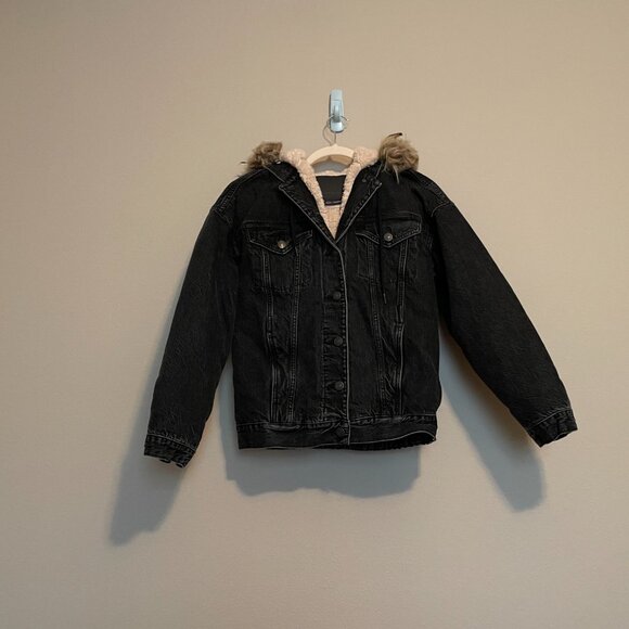 American Eagle XS, Black, Faux Fur lined Jacket with Faux Fur Hoodie - Picture 10 of 12